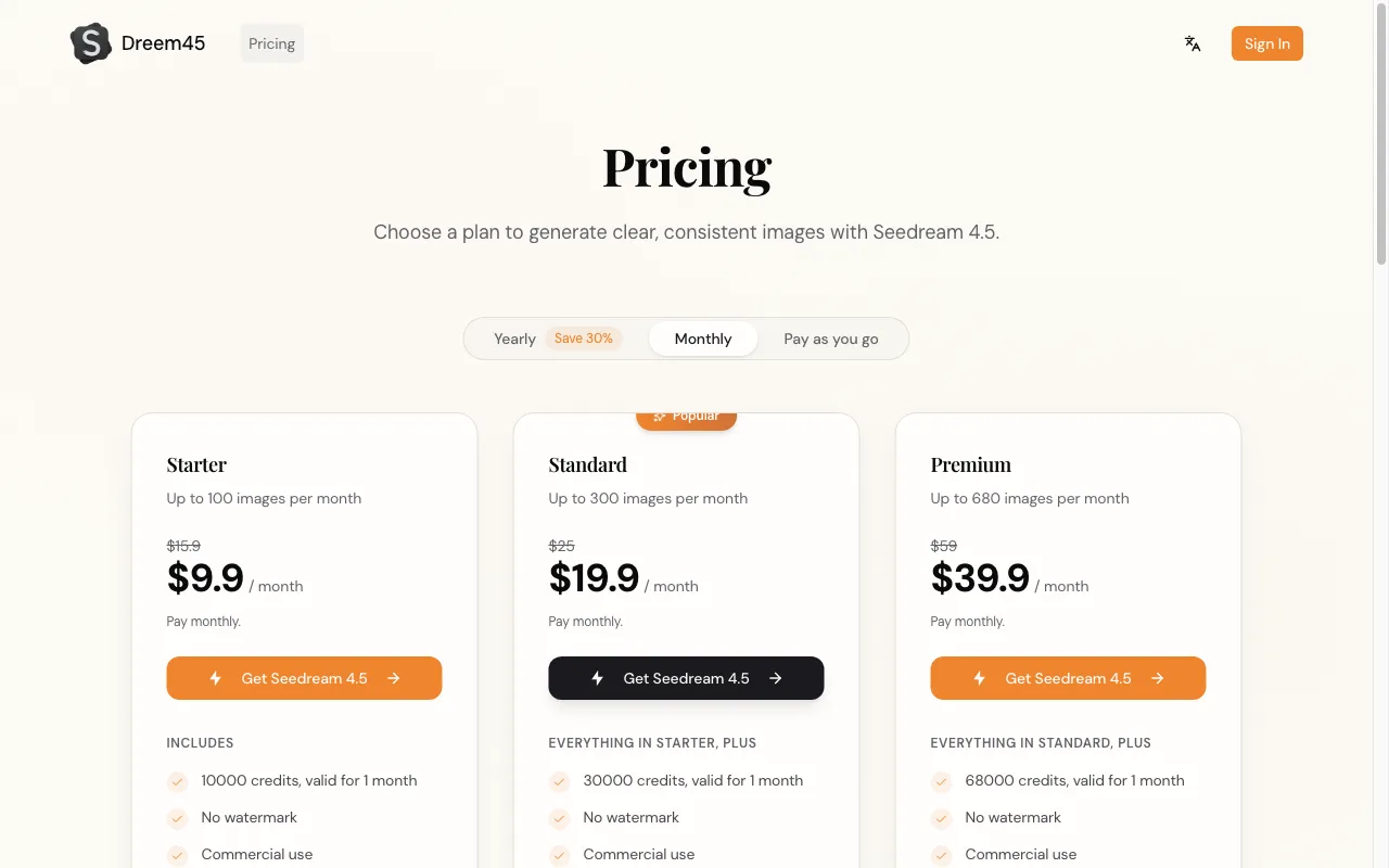 Seedream 4.5 — pricing page