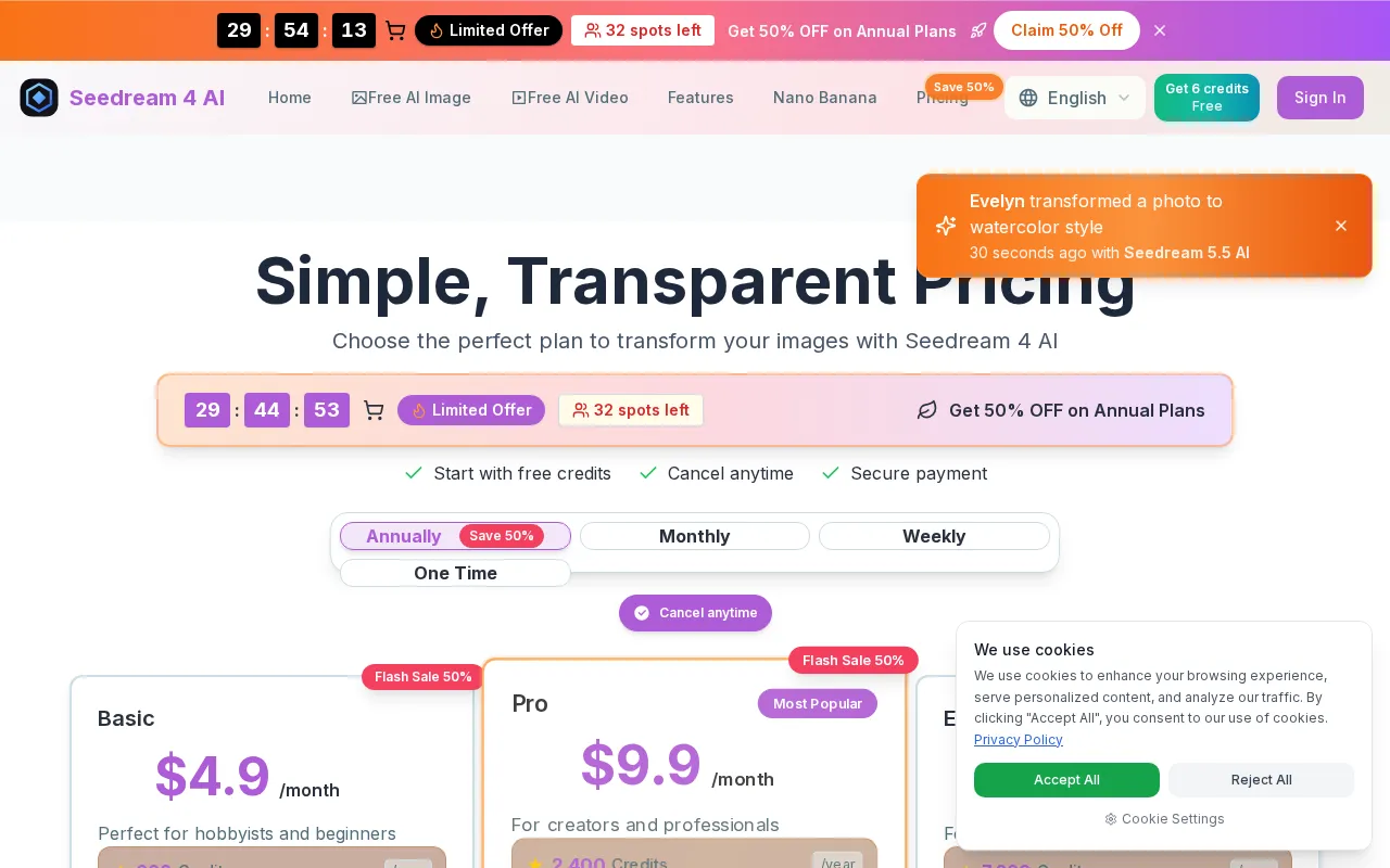 Seedream 4 AI — pricing page