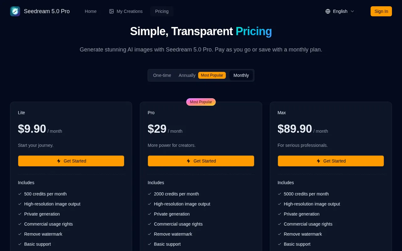 Seedream 5.0 Pro — pricing page