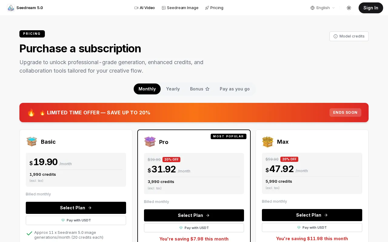 Seedream 5.0 — pricing page