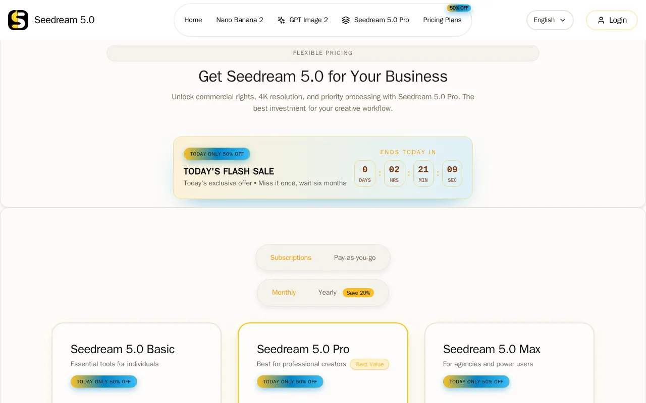 Seedream 5.0 — pricing page
