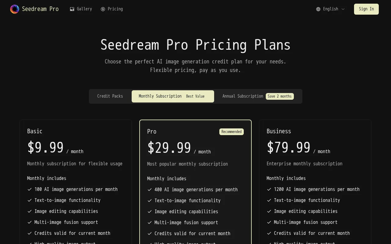 Seedream Pro — pricing page