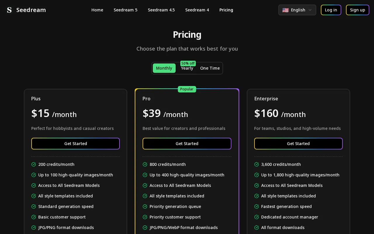 Seedream — pricing page