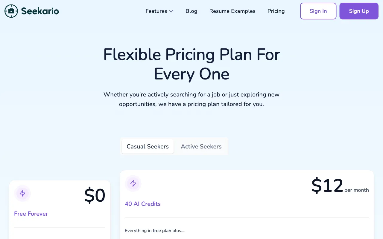 Seekario — pricing page