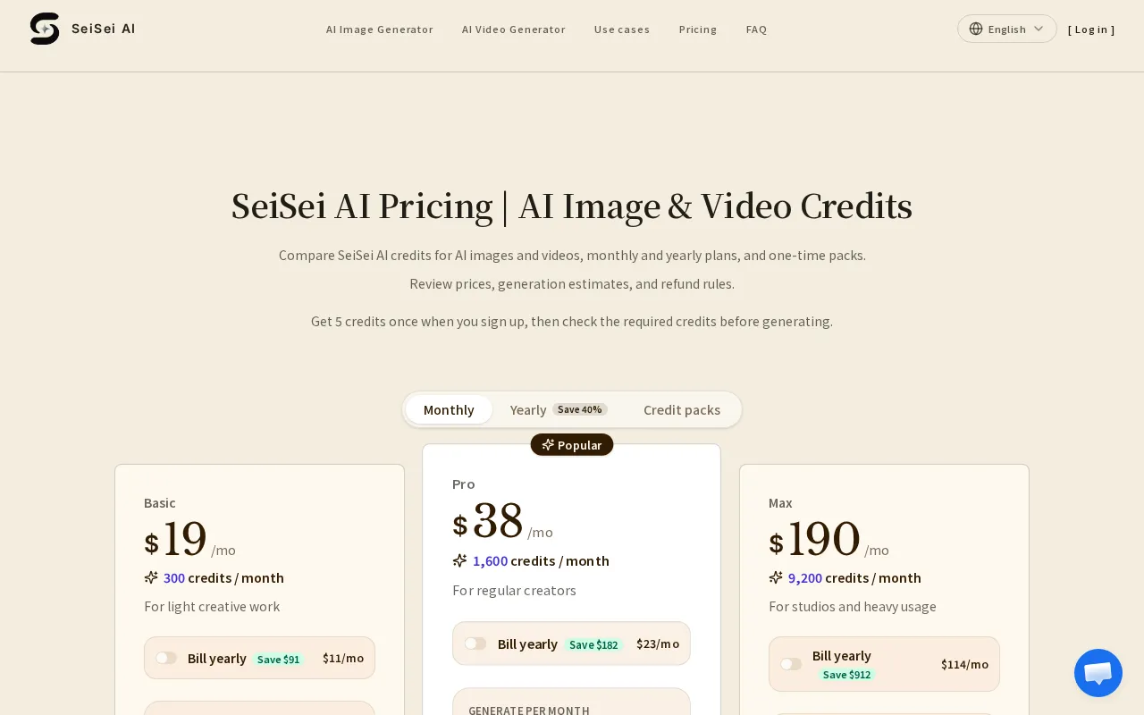 SeiSei AI — pricing page