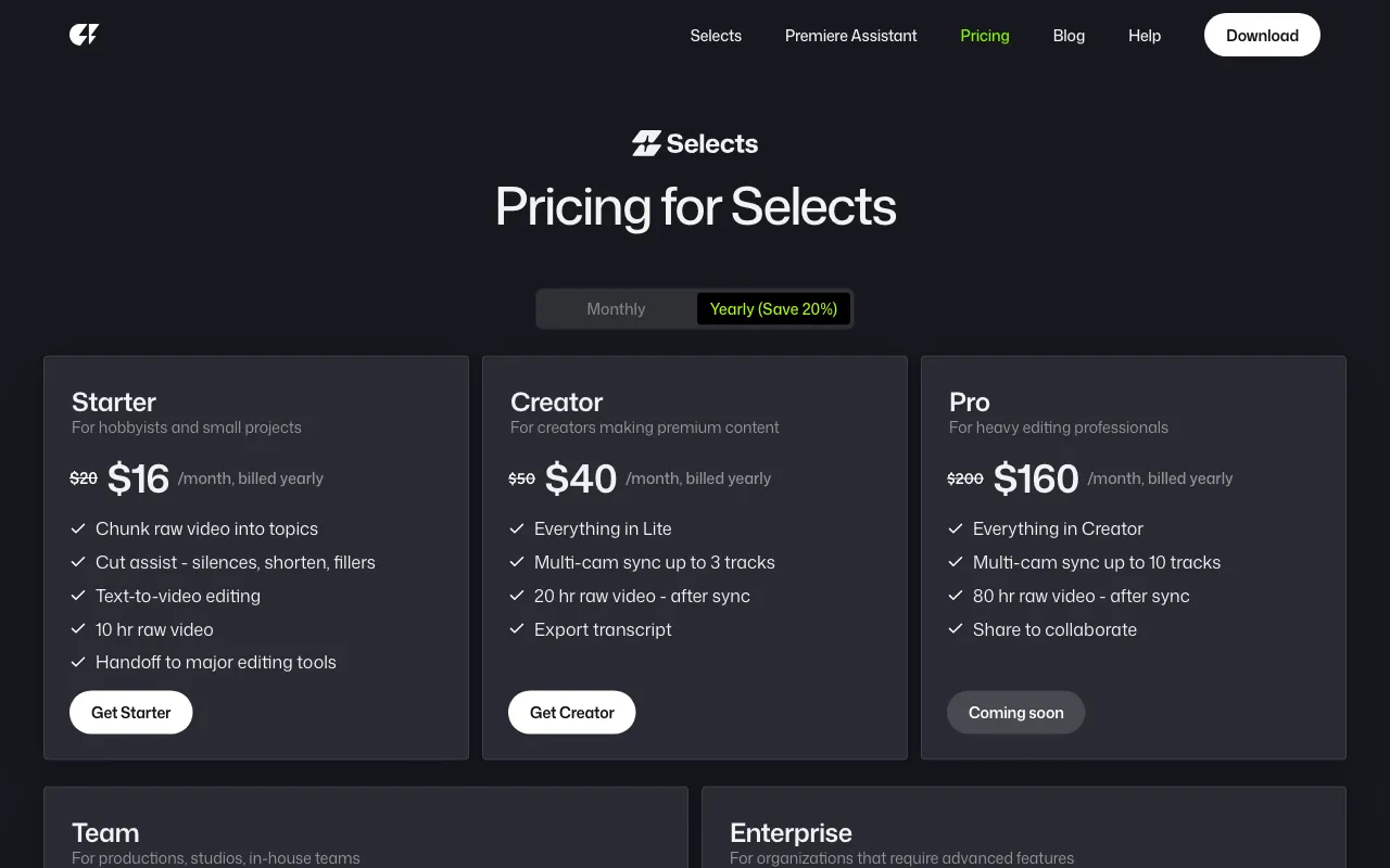 Selects — pricing page