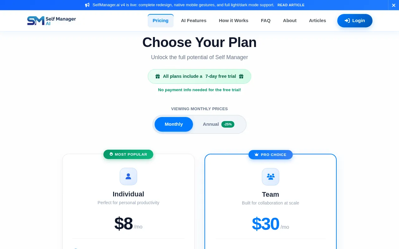 SelfManager AI — pricing page