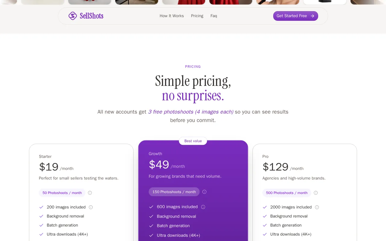 SellShots — pricing page
