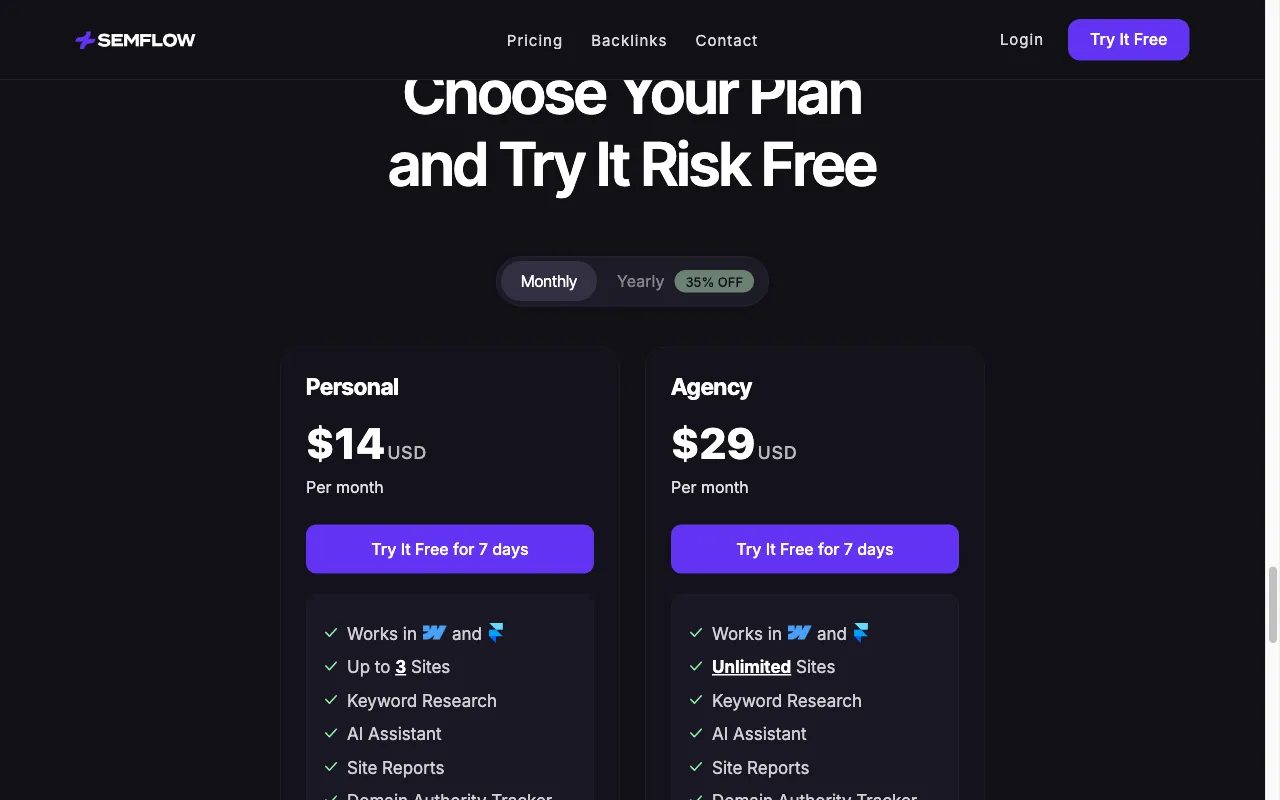 Semflow — pricing page