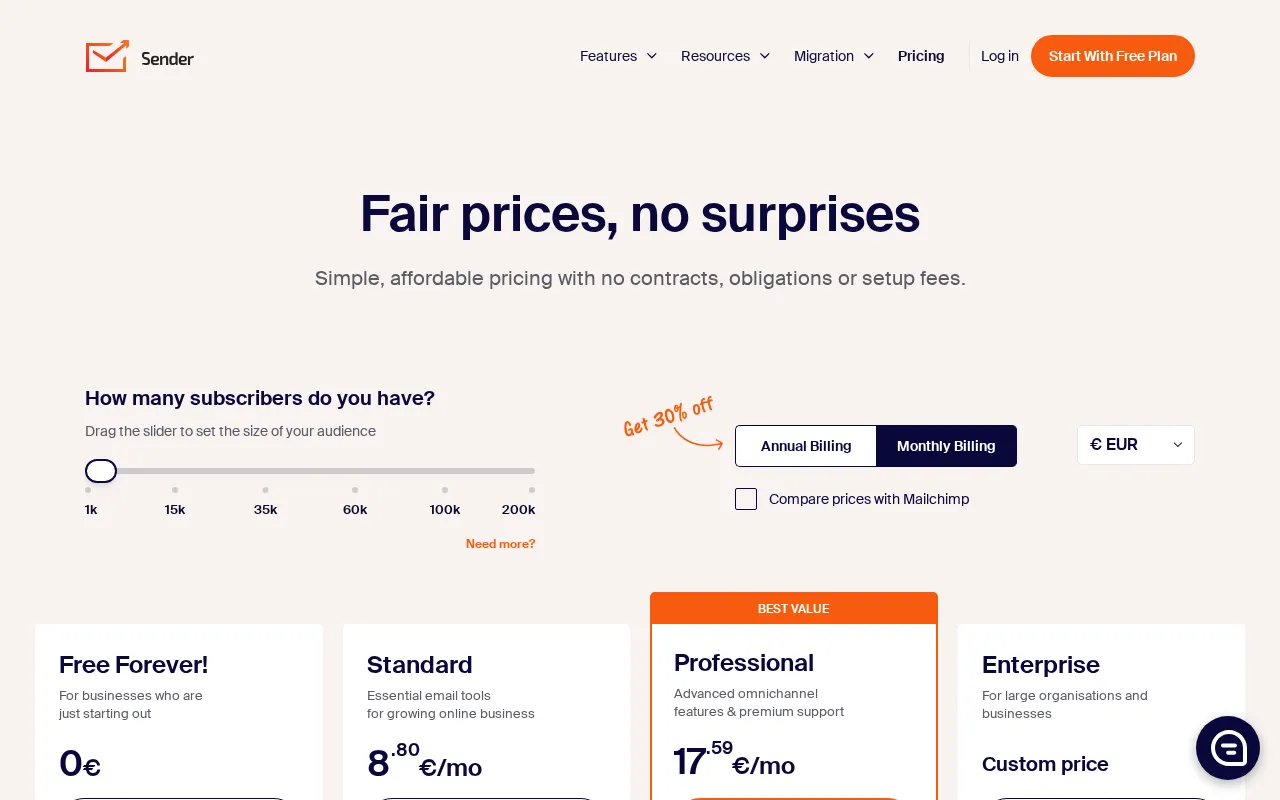 Sender — pricing page
