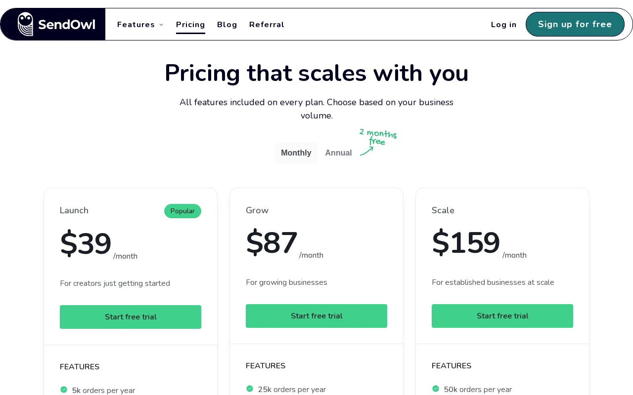 Sendowl — pricing page