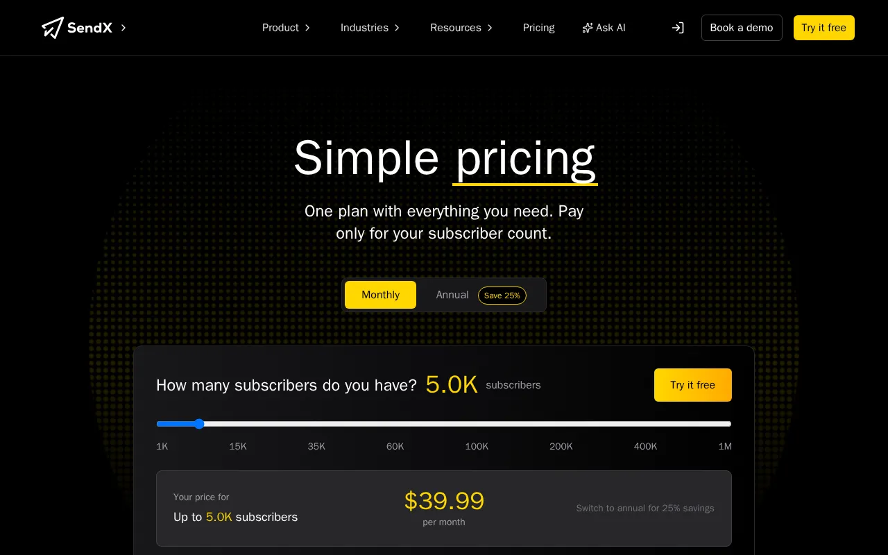 SendX — pricing page
