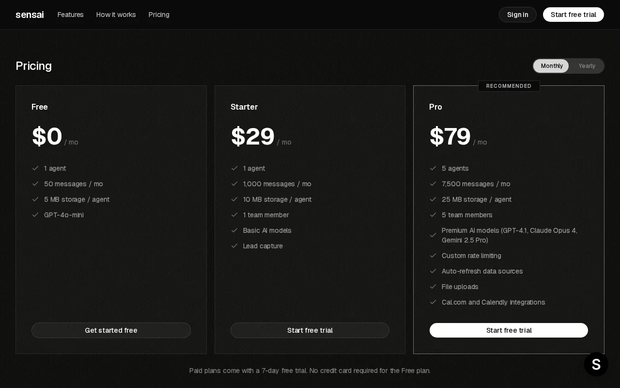 sensai — pricing page