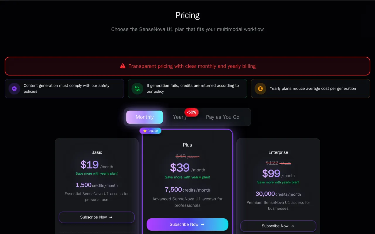SenseNova U1 — pricing page