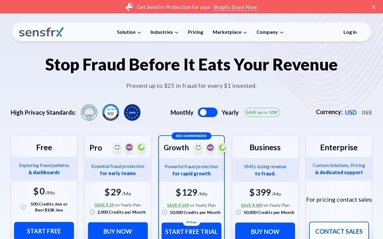 Sensfrx — pricing page