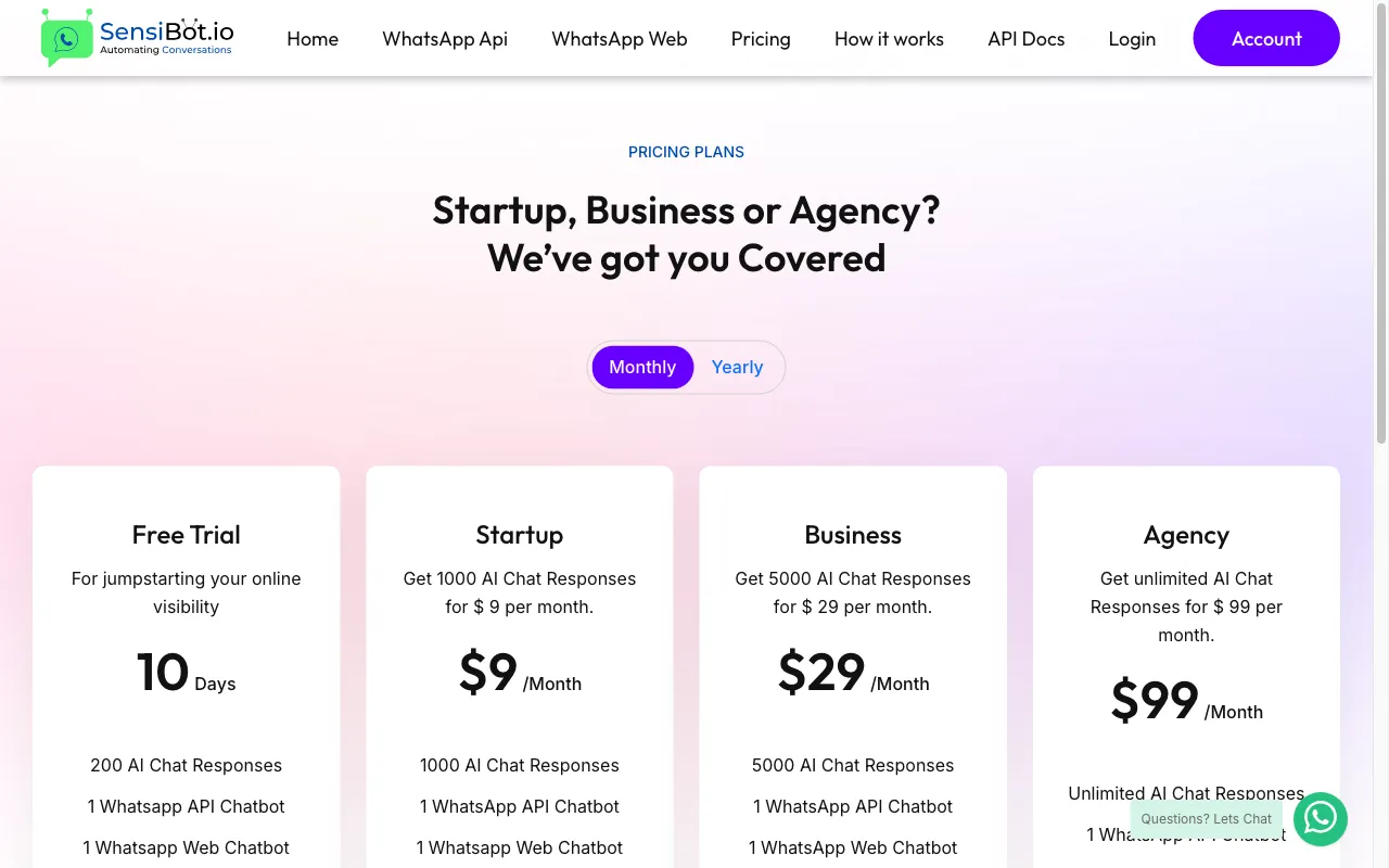 Sensi Bot — pricing page