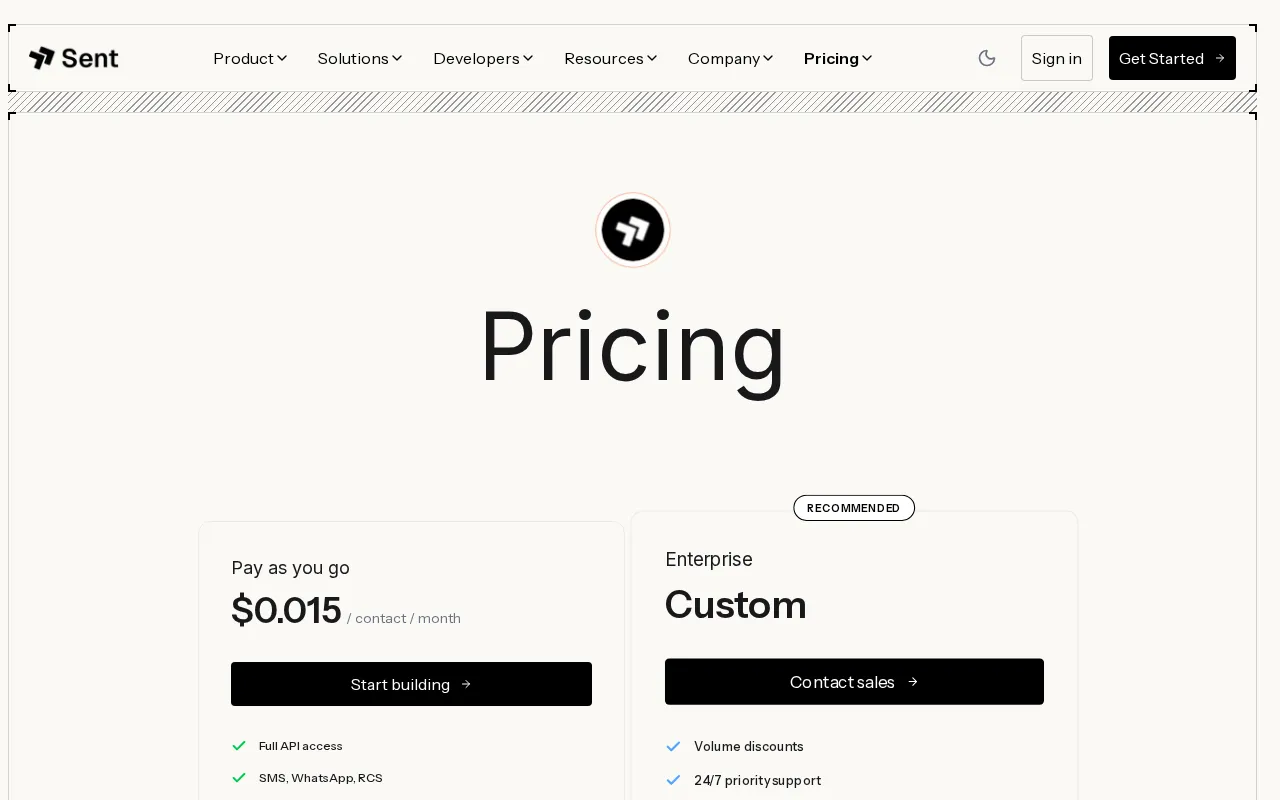 Sent.dm — pricing page