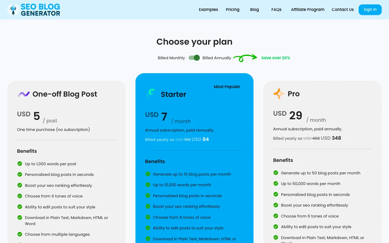 SEO Blog Generator — pricing page