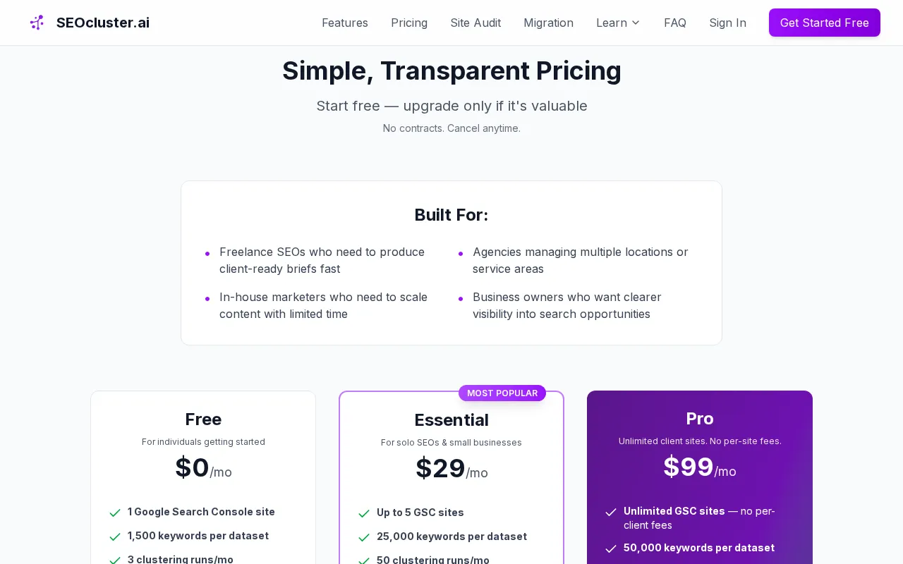 SEOcluster.ai — pricing page