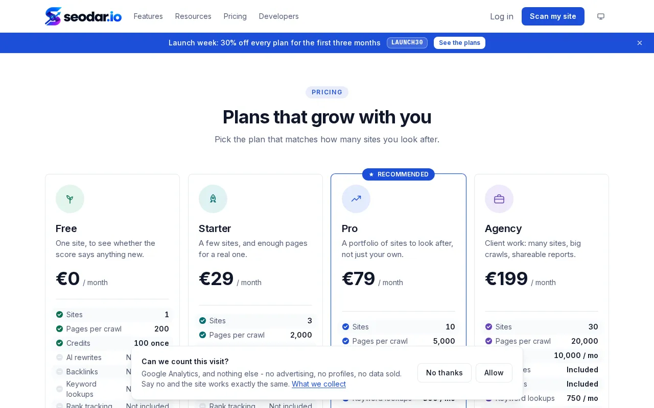 Seodar — pricing page