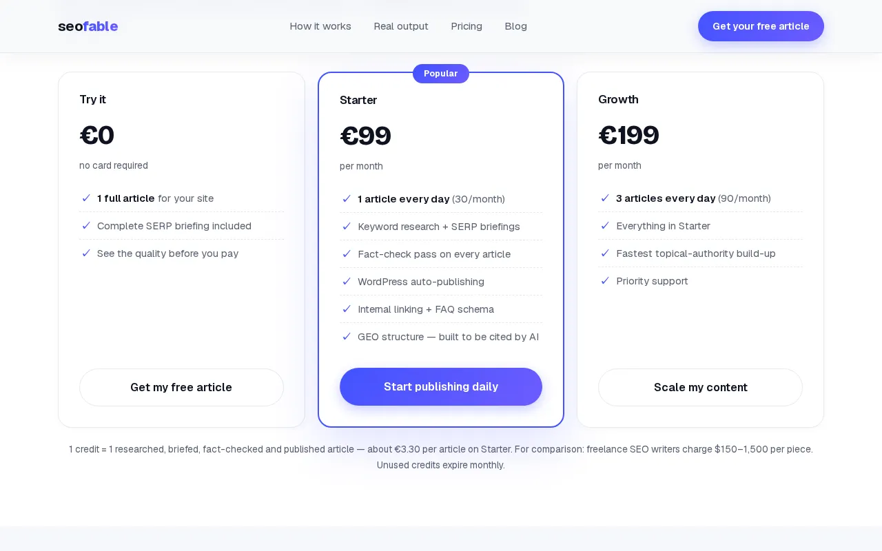 Seofable — pricing page