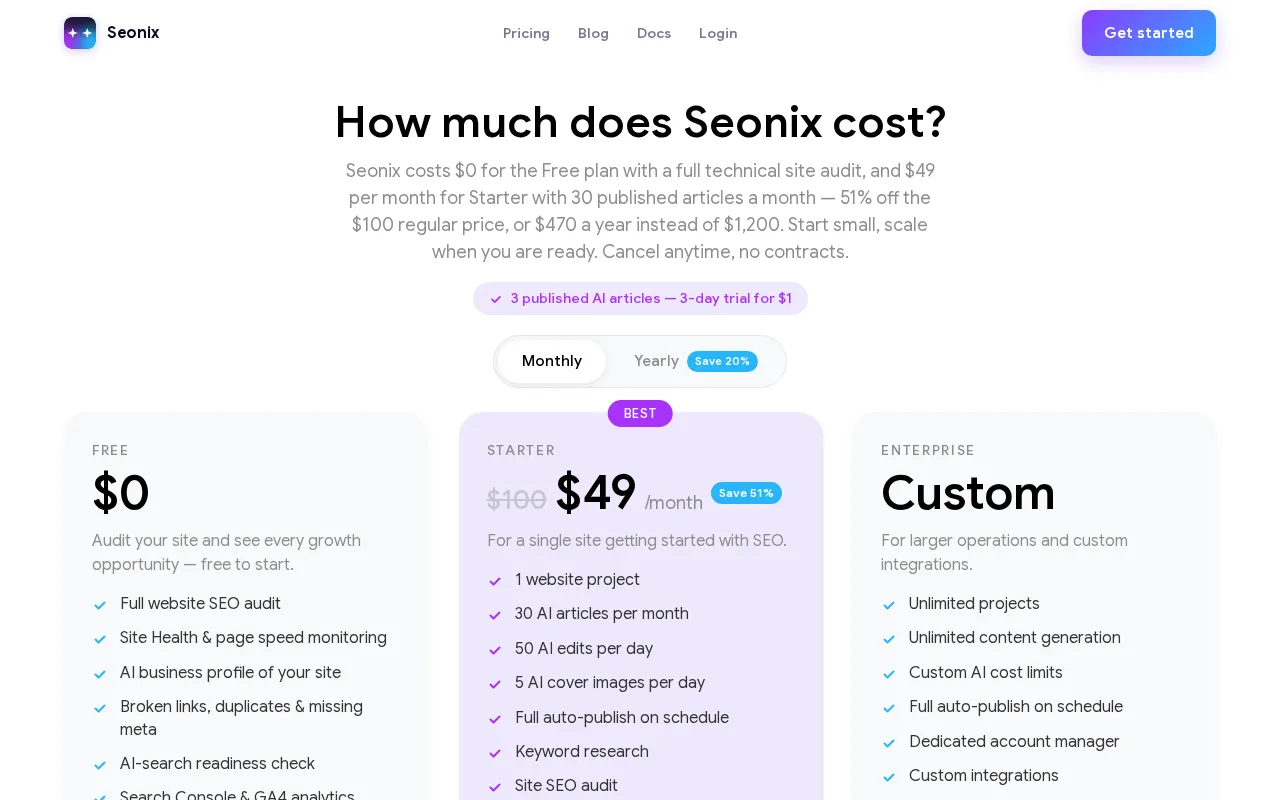 Seonix — pricing page