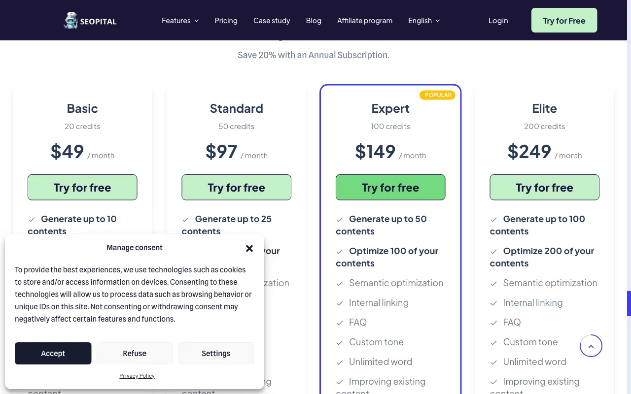 SEOpital — pricing page