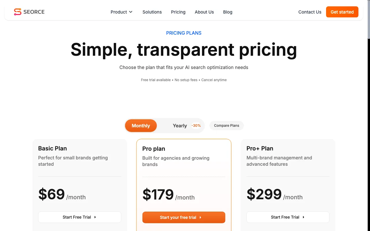 SEORCE — pricing page