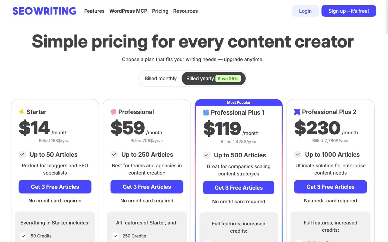 SEOWriting — pricing page