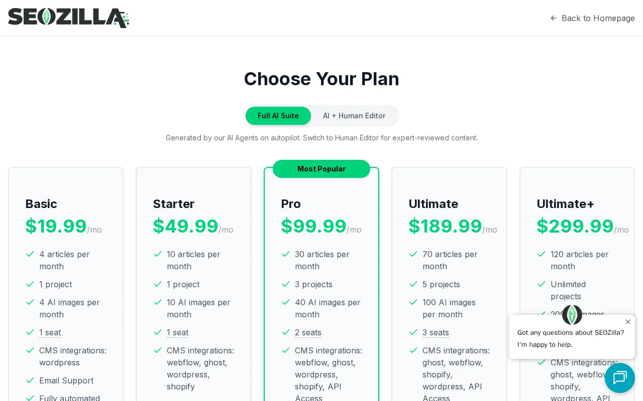 SEOZilla — pricing page