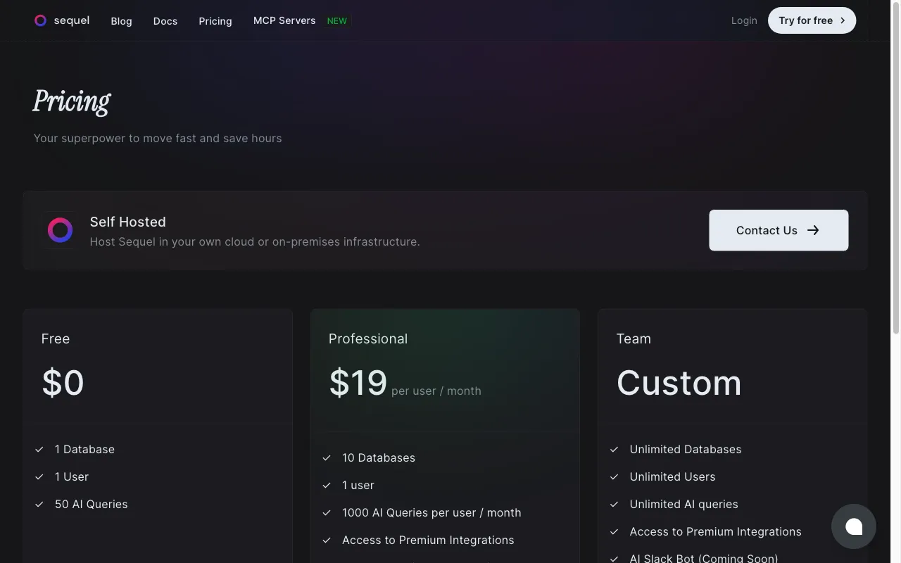 Sequel — pricing page