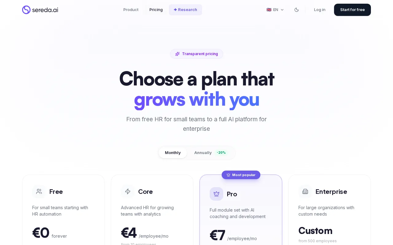 Sereda AI — pricing page