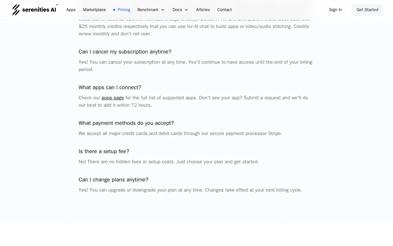 serenities — pricing page