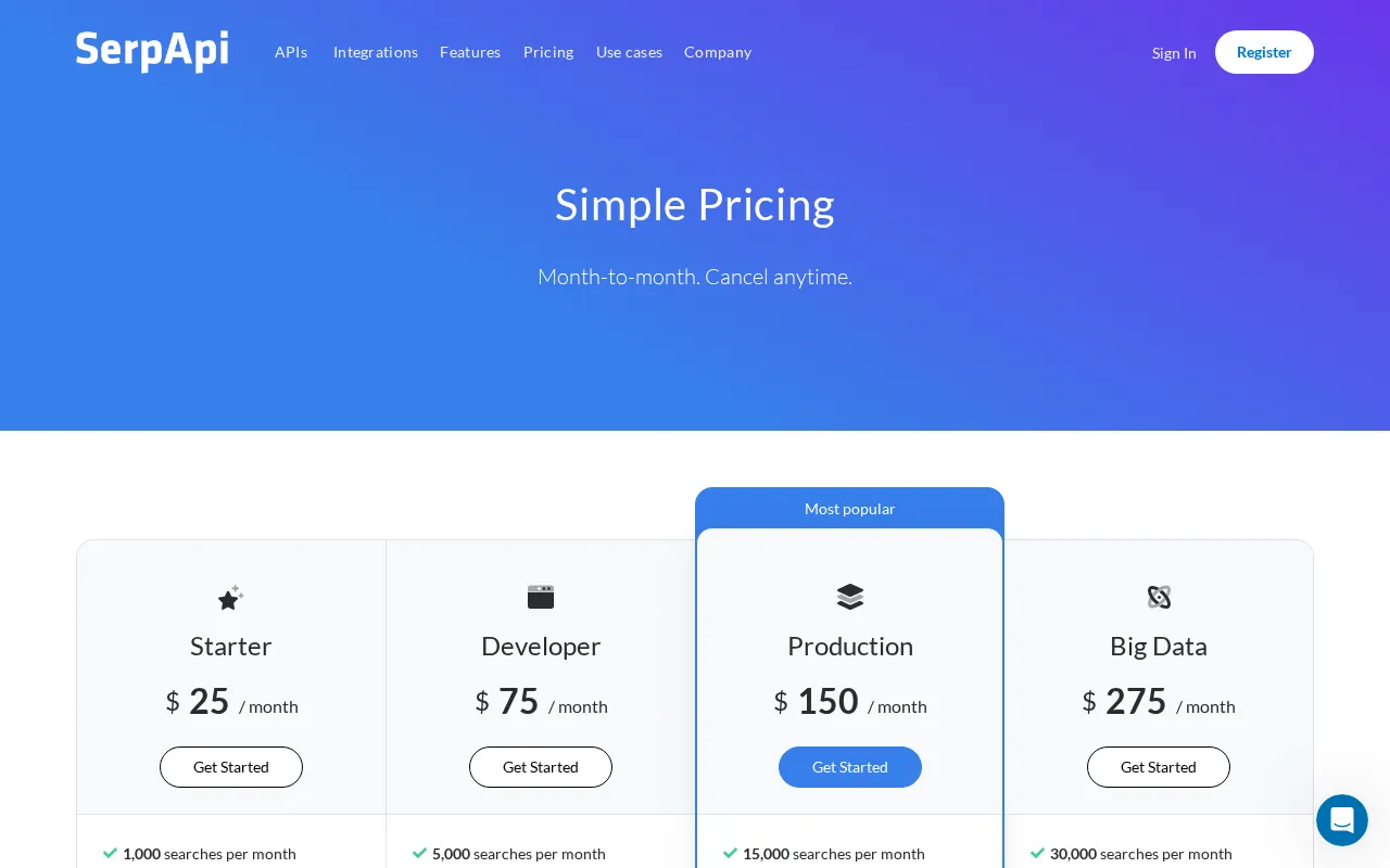 Serpapi — pricing page