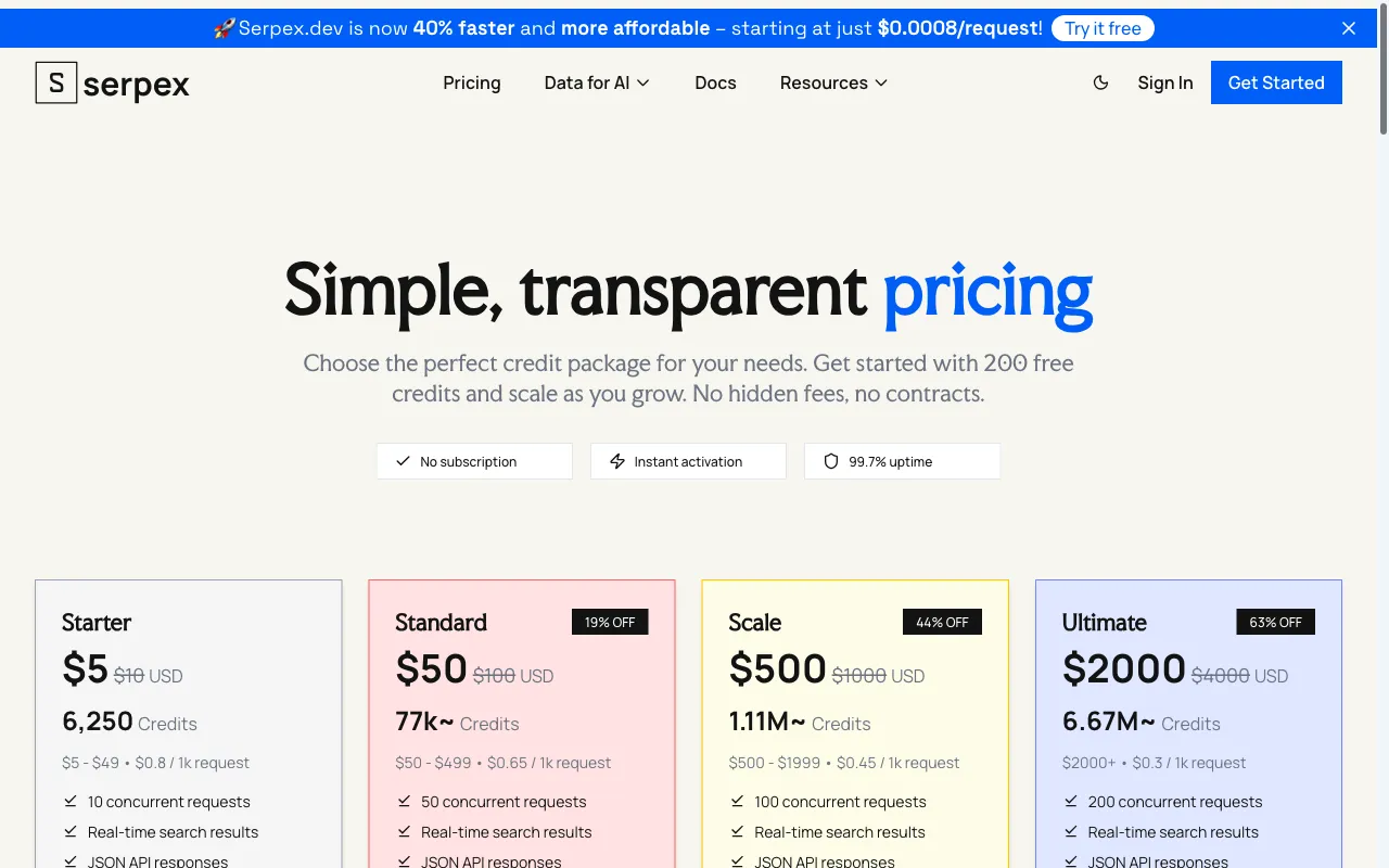 Serpex.dev — pricing page