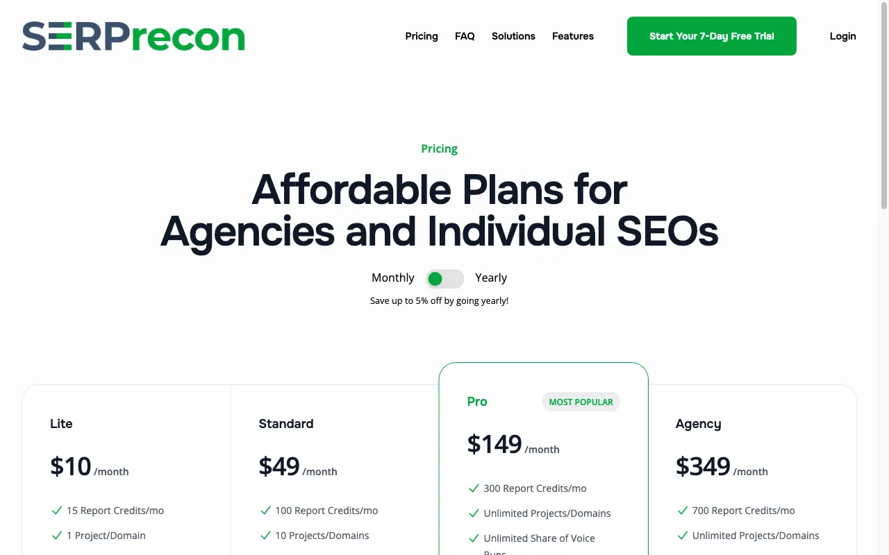 Serprecon — pricing page