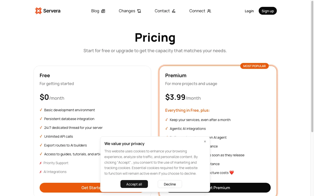 Servera — pricing page