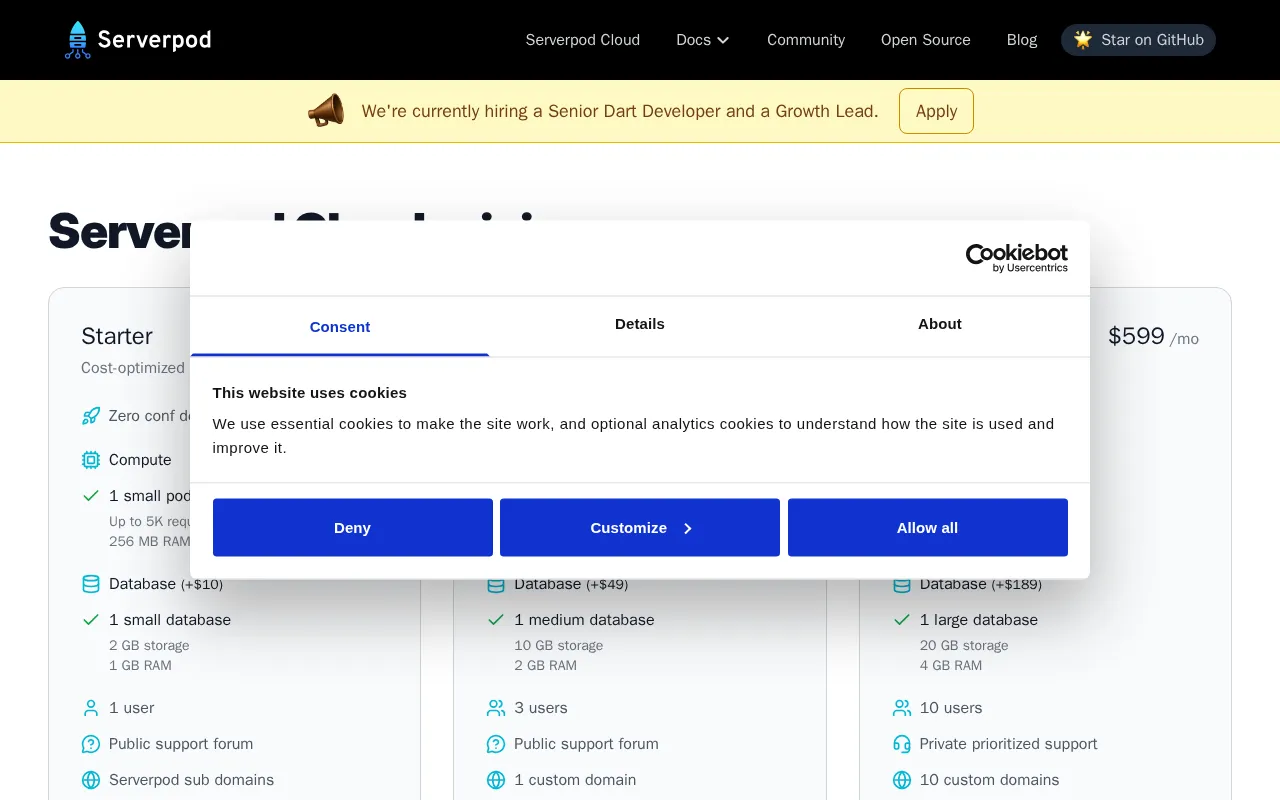 Serverpod 1.0 — pricing page