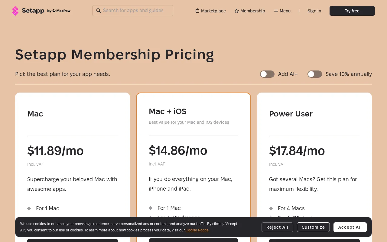 Setapp — pricing page