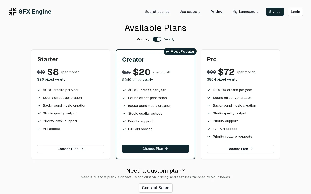 SFX Engine — pricing page