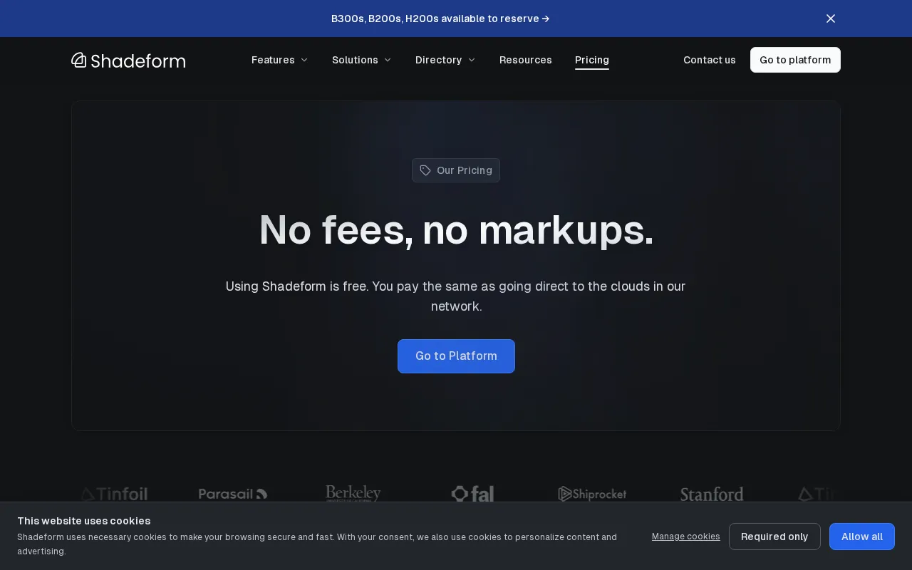 Shadeform - The GPU Cloud Marketplace — pricing page