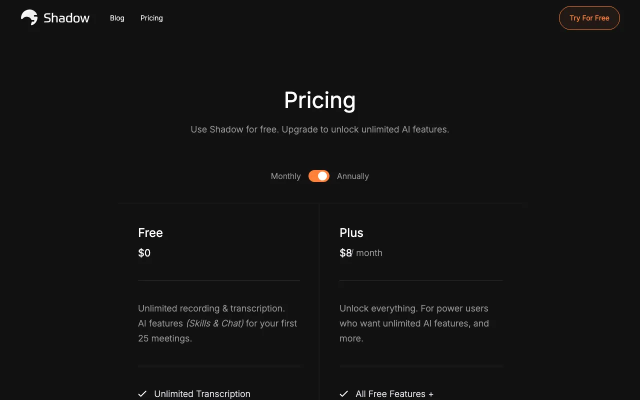 Shadow — pricing page
