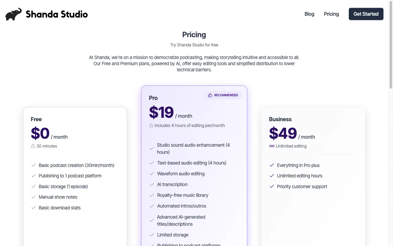 Shanda Studio — pricing page