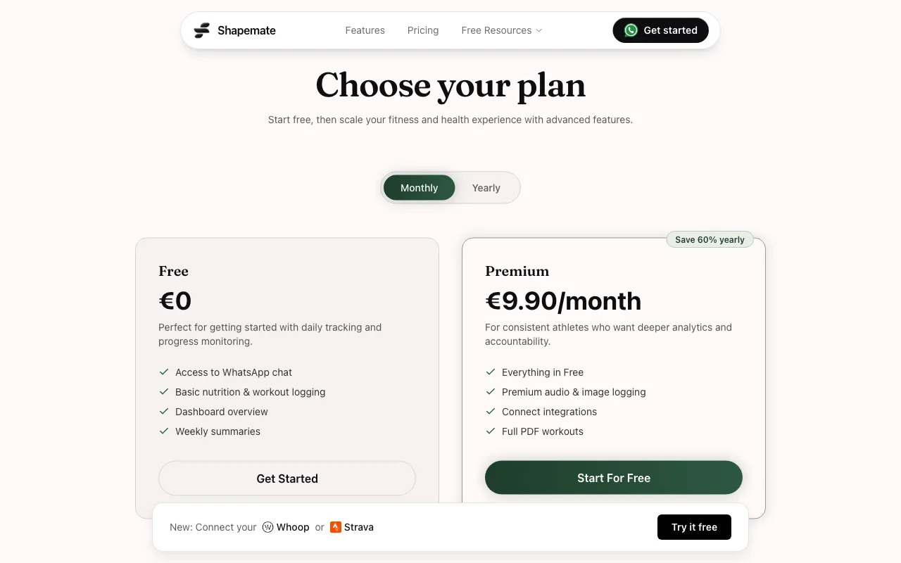 Shapemate — pricing page
