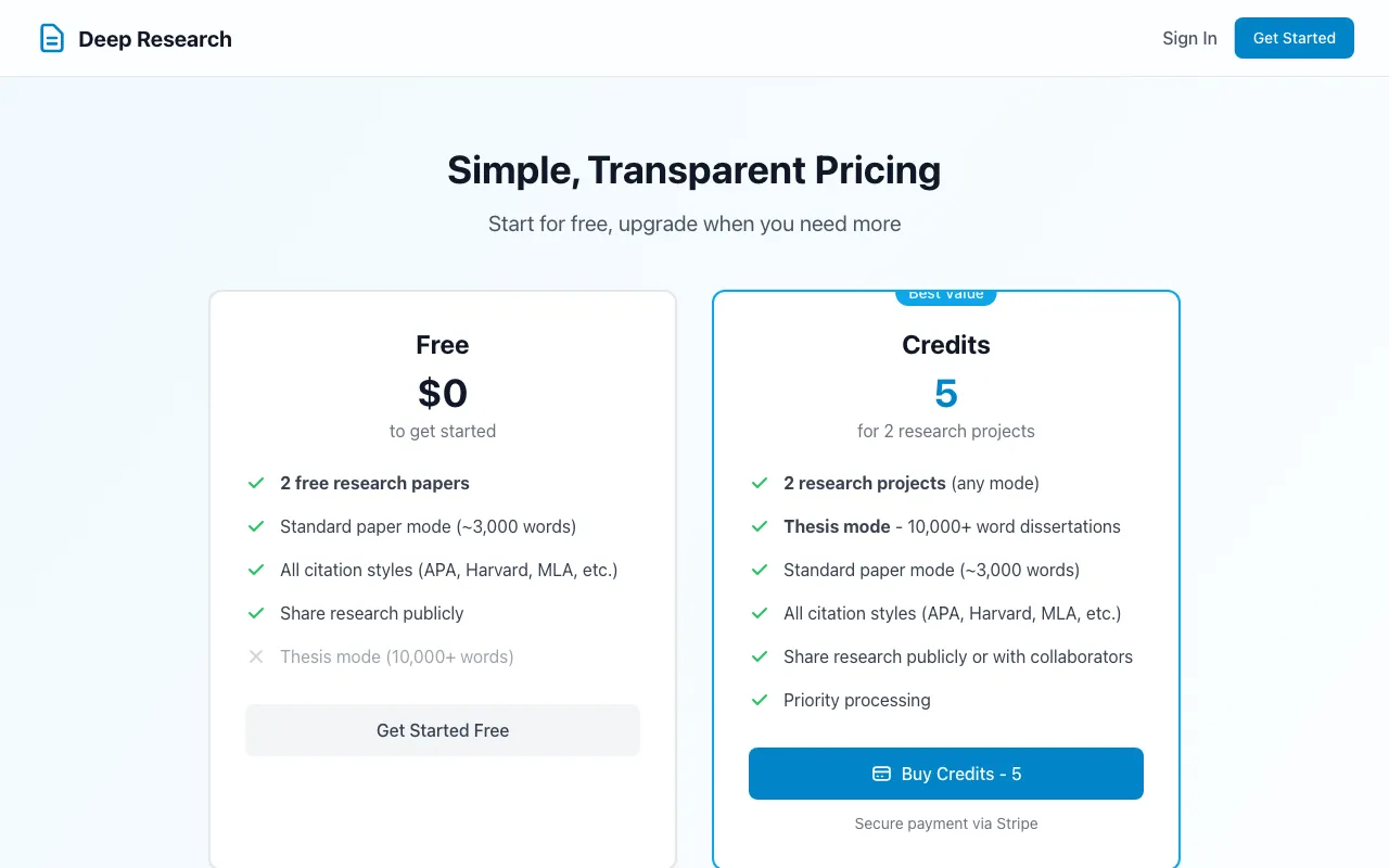 Share Deep Research — pricing page