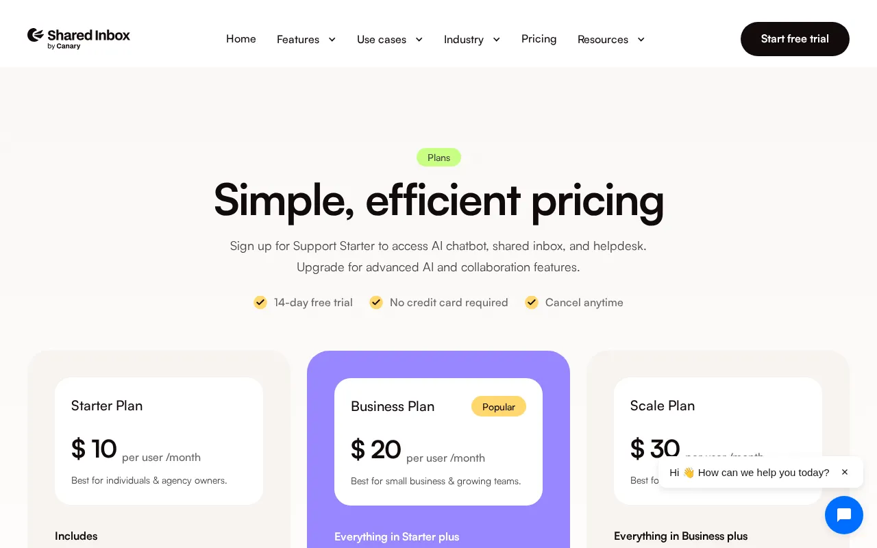 Shared Inbox by Canary — pricing page