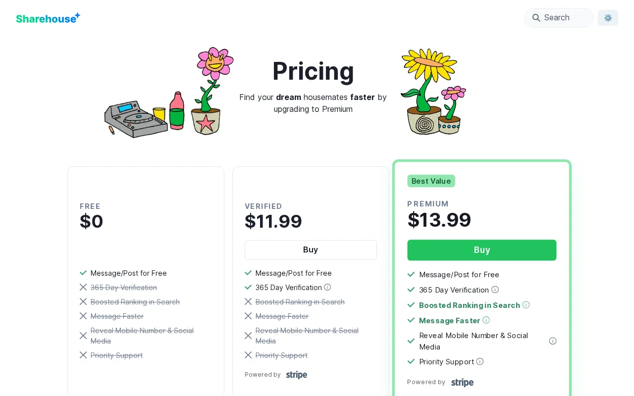 Sharehouse — pricing page