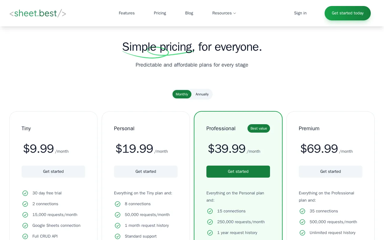 Sheet Best — pricing page