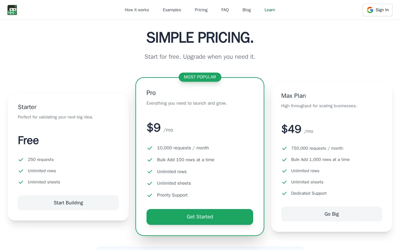 Sheet Ninja — pricing page