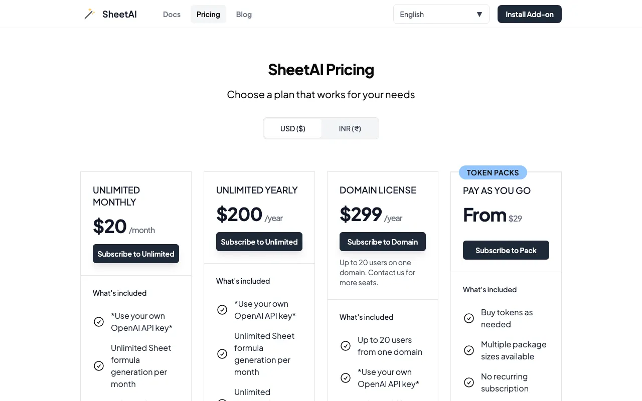 SheetAI.app — pricing page